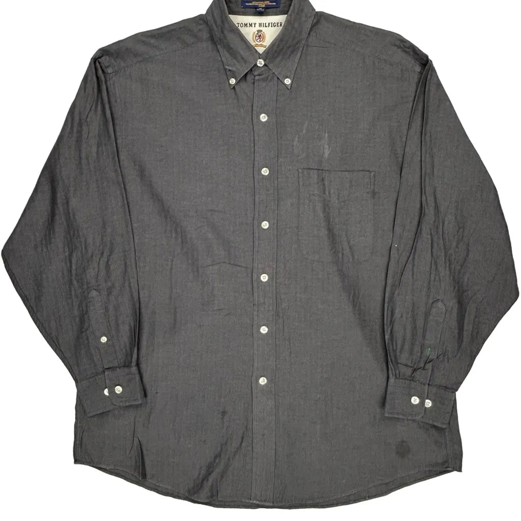 Tommy Hilfiger Shirt - Large Grey Cotton Refurbished - Thrifted (note: this is a term often used to describe second- refurbished available on Cerqular