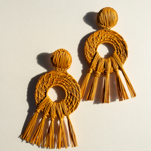 Oasis Mustard Earrrings - Handmade Iraca Palm Earrings | Color: Mustard Refurbished - Apalma Handmade refurbished available on Cerqular