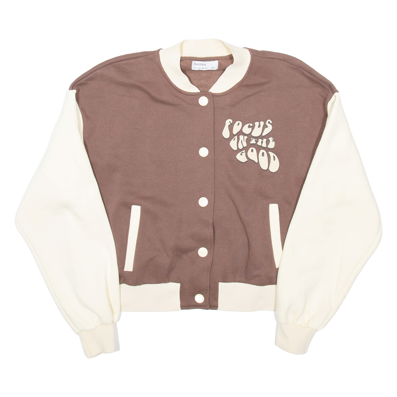 BERSHKA Focus On The Good Womens Varsity Jacket Brown L Refurbished - N/A refurbished available on Cerqular