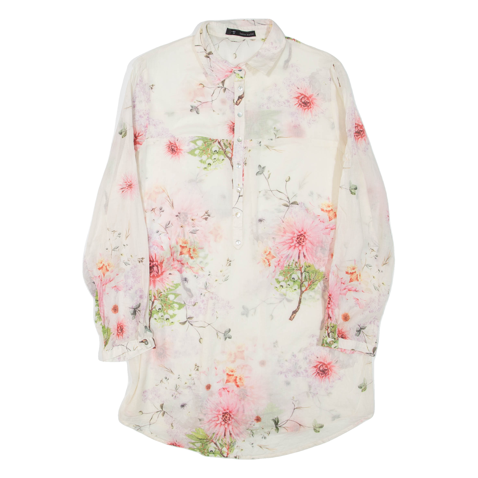 ZARA Sheer Womens Printed Shirt Beige Collared Long Sleeve Floral S Refurbished - N/A refurbished available on Cerqular