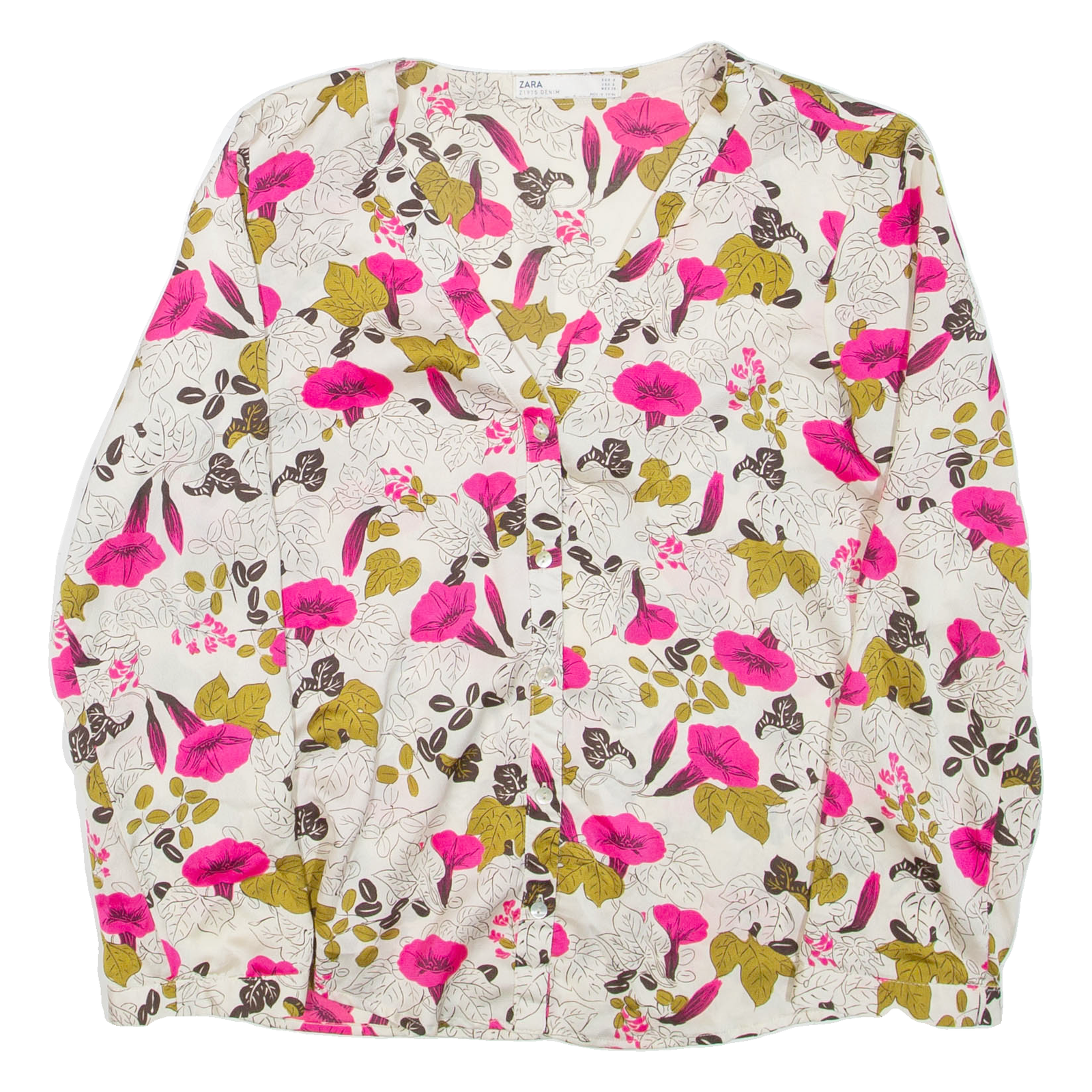 ZARA Womens Printed Blouse White V-Neck Long Sleeve Floral S Refurbished - N/A refurbished available on Cerqular