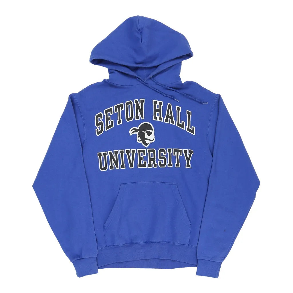 Vintage Seton Hall University Champion Hoodie - Small Blue Cotton Blend | Size: small Refurbished - Thrifted (note: this is a term often used to describe second- refurbished available on Cerqular
