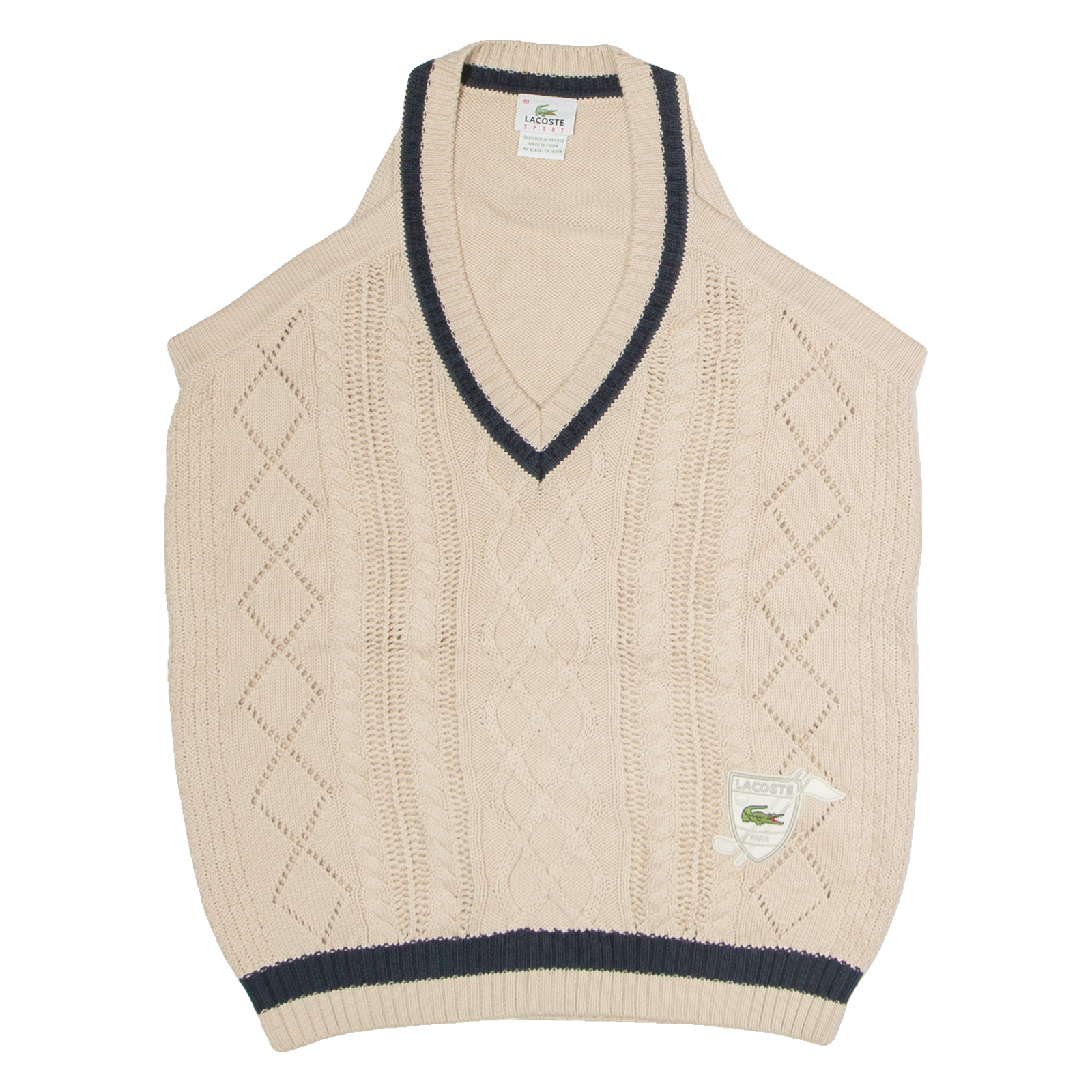 LACOSTE Mens Vest Beige V-Neck Cable Knit Sleeveless Wool L Refurbished - N/A refurbished available on Cerqular