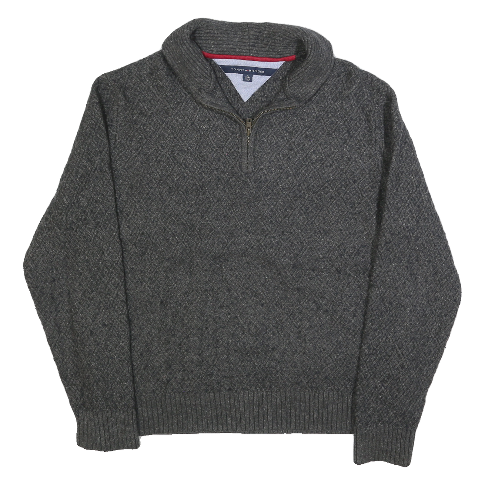 TOMMY HILFIGER Mens Grey Patterned Pullover Jumper Wool Blend XL Shawl Collar Refurbished - N/A refurbished available on Cerqular