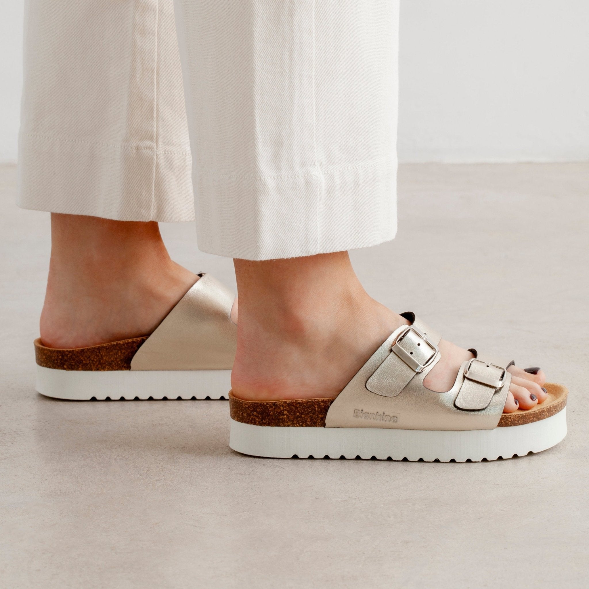Muro Two-Strap Vegan Leather Platform Cork Sandal - Metallic Silver | Select Size: 6 US (37EU) | Color: Metallic Silver Refurbished - N/A refurbished available on Cerqular