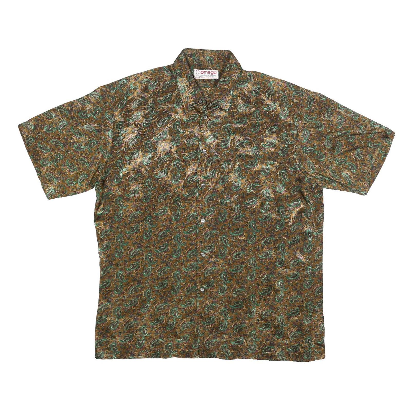OMEGA Mens Brown Green Paisley Silk Shirt L Button Short Sleeve Summer Refurbished - N/A refurbished available on Cerqular