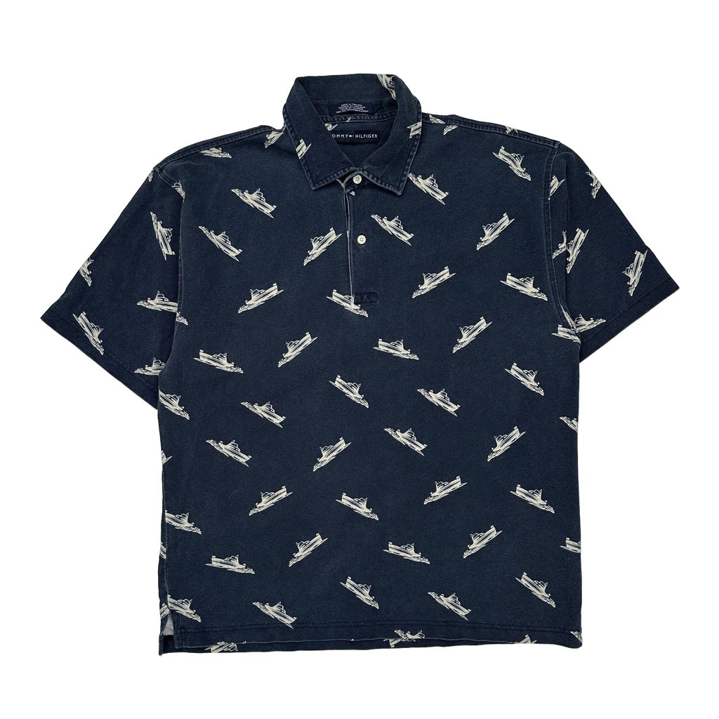Tommy Hilfiger Graphic Polo Shirt - Large Navy Cotton Refurbished - Thrifted (note: this is a term often used to describe second- refurbished available on Cerqular