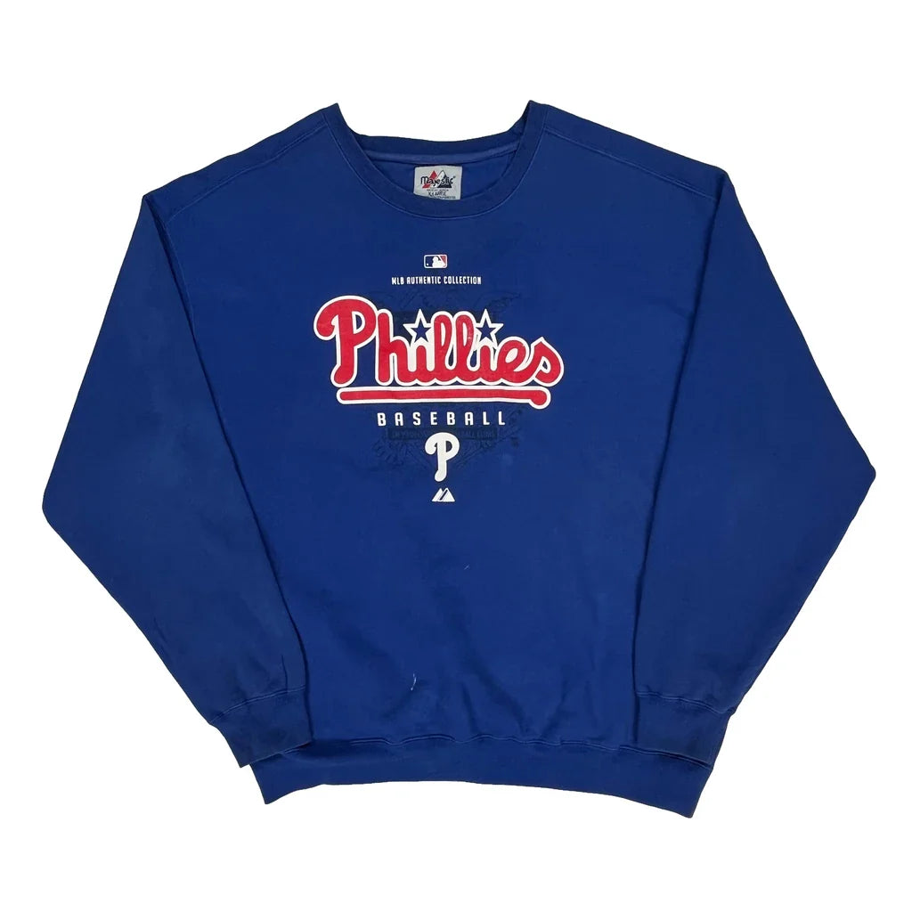 Phillies Baseball Majestic Graphic Sweatshirt - XL Blue Cotton Blend Refurbished - Thrifted (note: this is a term often used to describe second- refurbished available on Cerqular