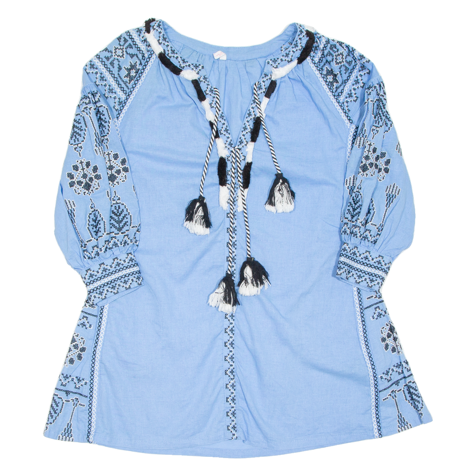 Womens Printed Top Blue V-Neck 3/4 Sleeve Crazy Pattern S Refurbished - N/A refurbished available on Cerqular
