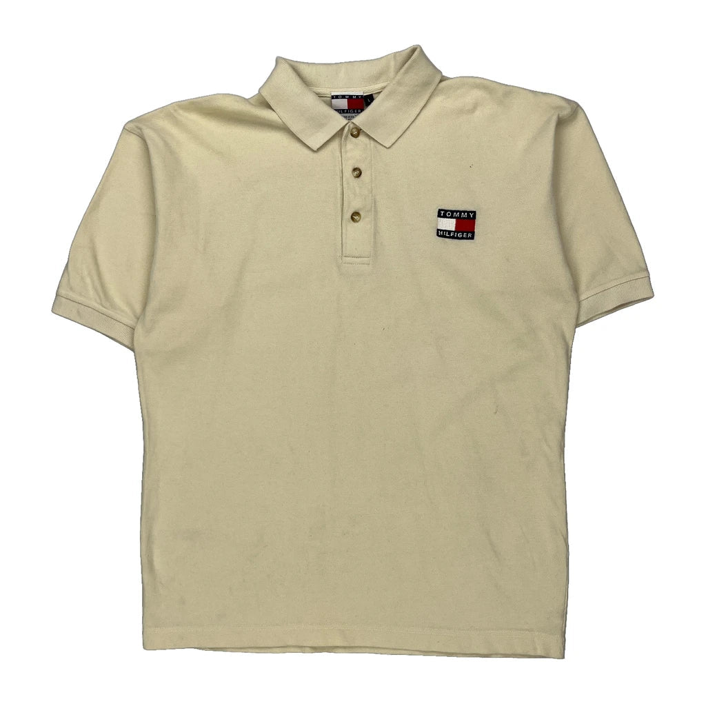 Made In USA Tommy Hilfiger Polo Shirt - Large Beige Cotton Refurbished - Thrifted (note: this is a term often used to describe second- refurbished available on Cerqular