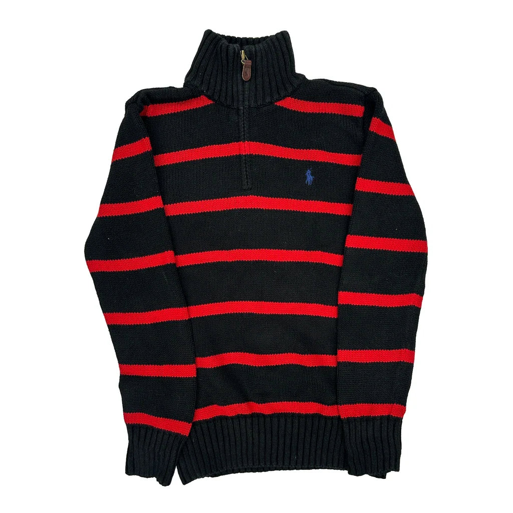 Age 8-9 Polo By Ralph Lauren Striped 1/4 Zip - Medium Black Cotton Refurbished - Thrifted (note: this is a term often used to describe second- refurbished available on Cerqular