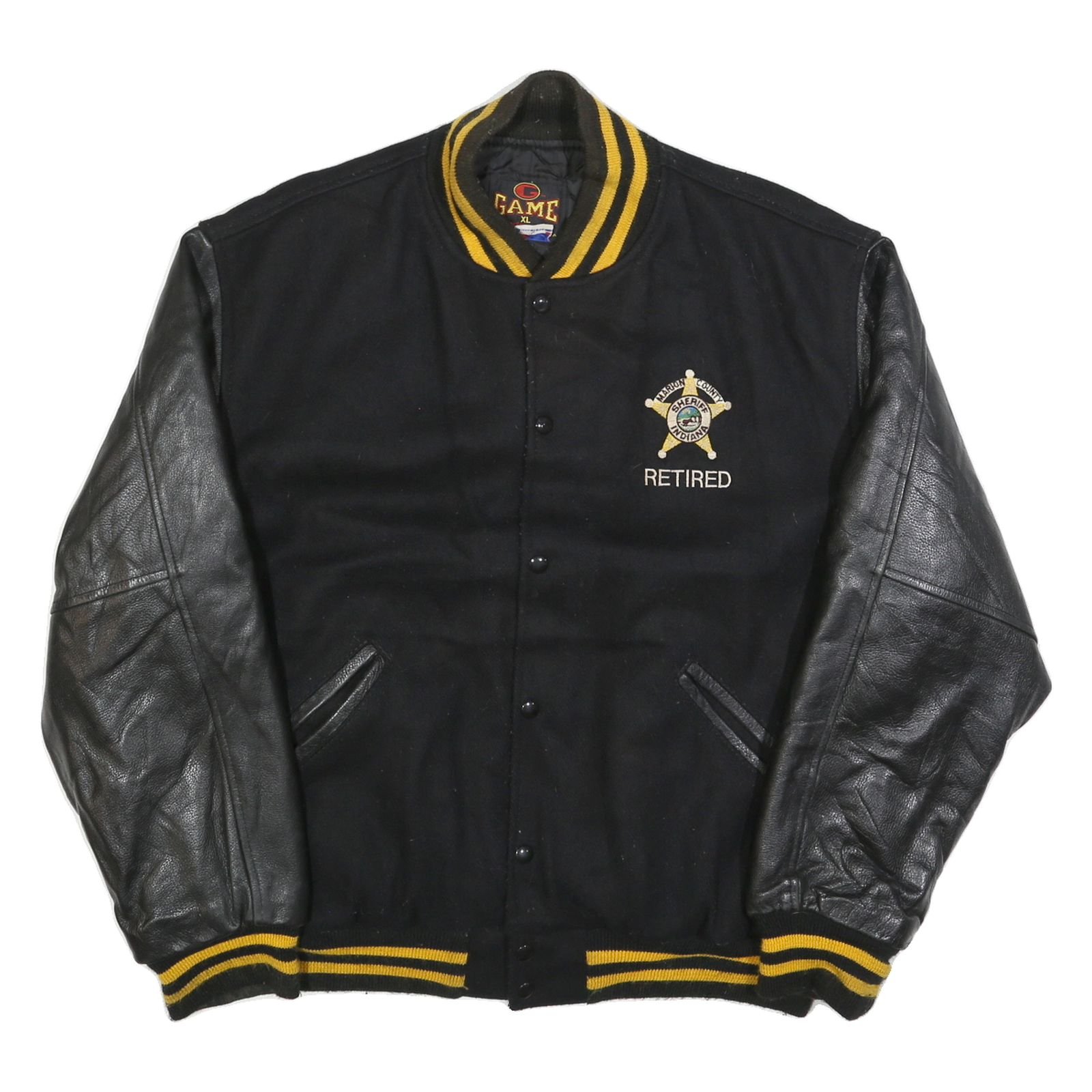 Buy GAME SPORTSWEAR Mens Black & Yellow Retired Sheriff Wool Leather Sleeve Bomber Refurbished - $40.29 GAME SPORTSWEAR Mens Black & Yellow Retired Sheriff Wool Leather Sleeve Bomber Refurbished - N/A refurbished available on Cerqular