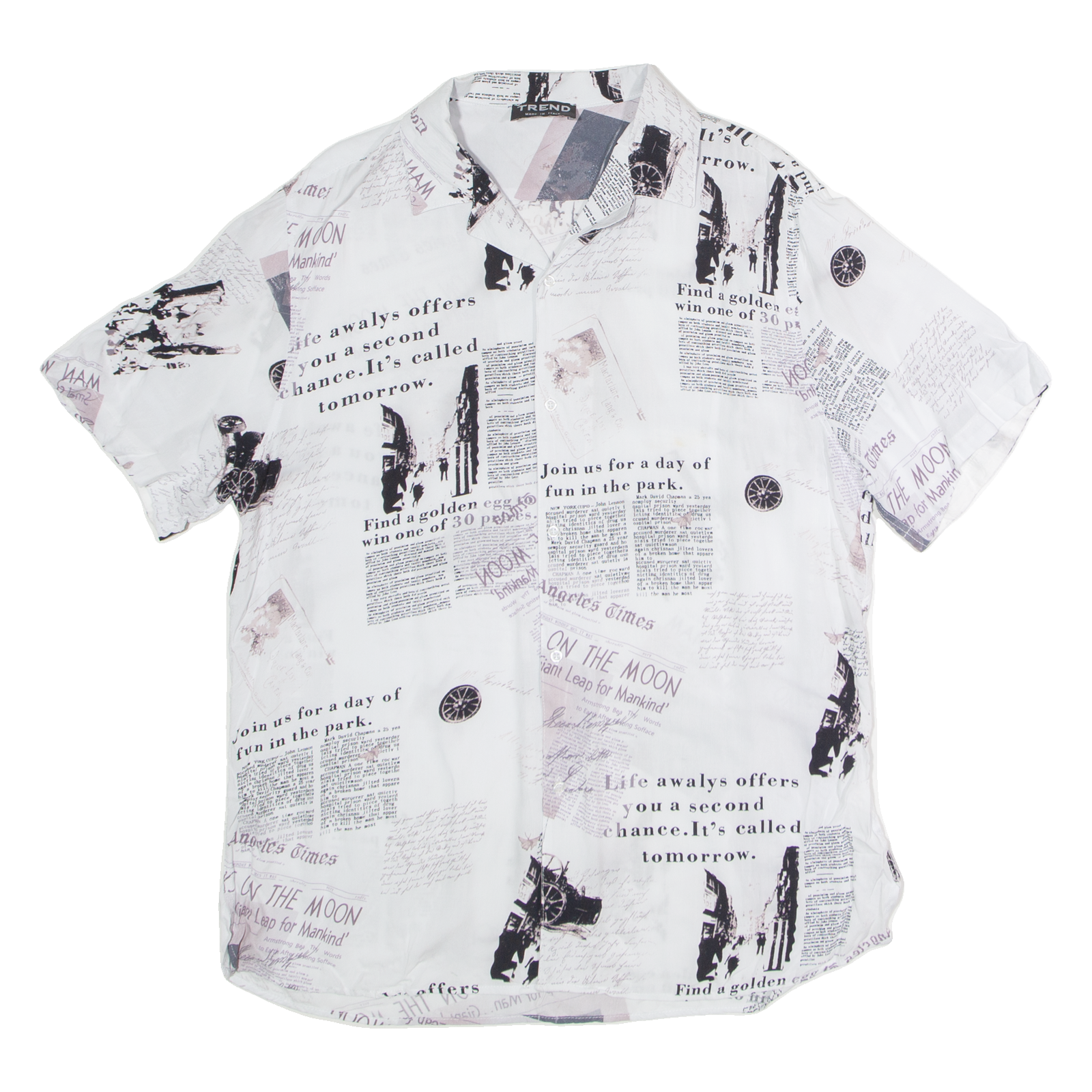 TREND Newspaper Mens Shirt White Viscose Crazy Pattern M Refurbished - N/A refurbished available on Cerqular