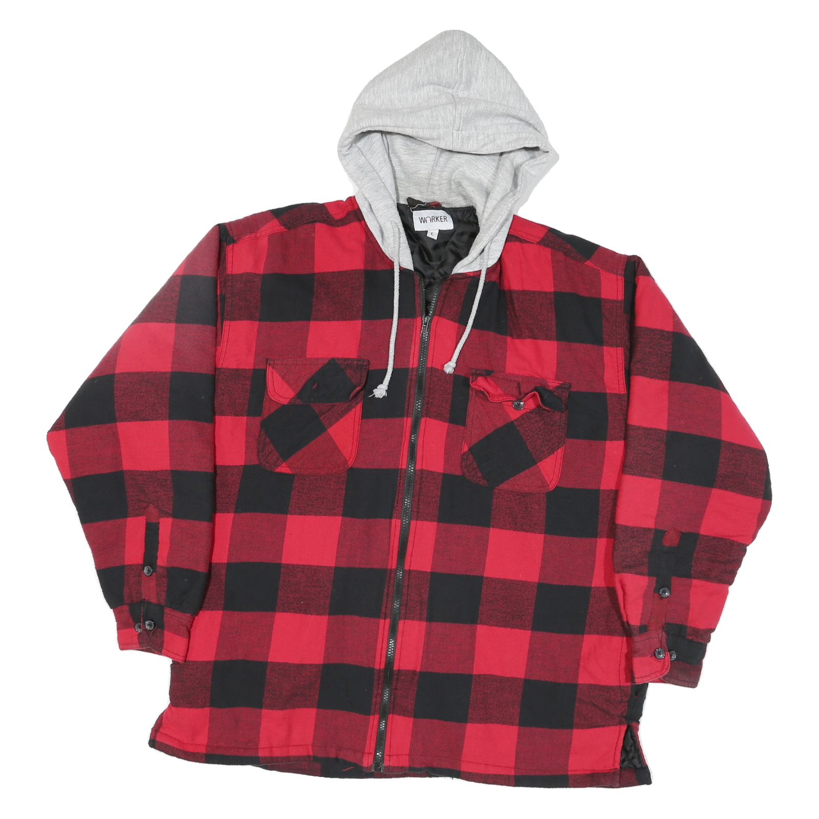 WORKER Mens Red & Black Check Hooded Zip Jacket L Polyester Blend Casual Outdoor Refurbished - N/A refurbished available on Cerqular