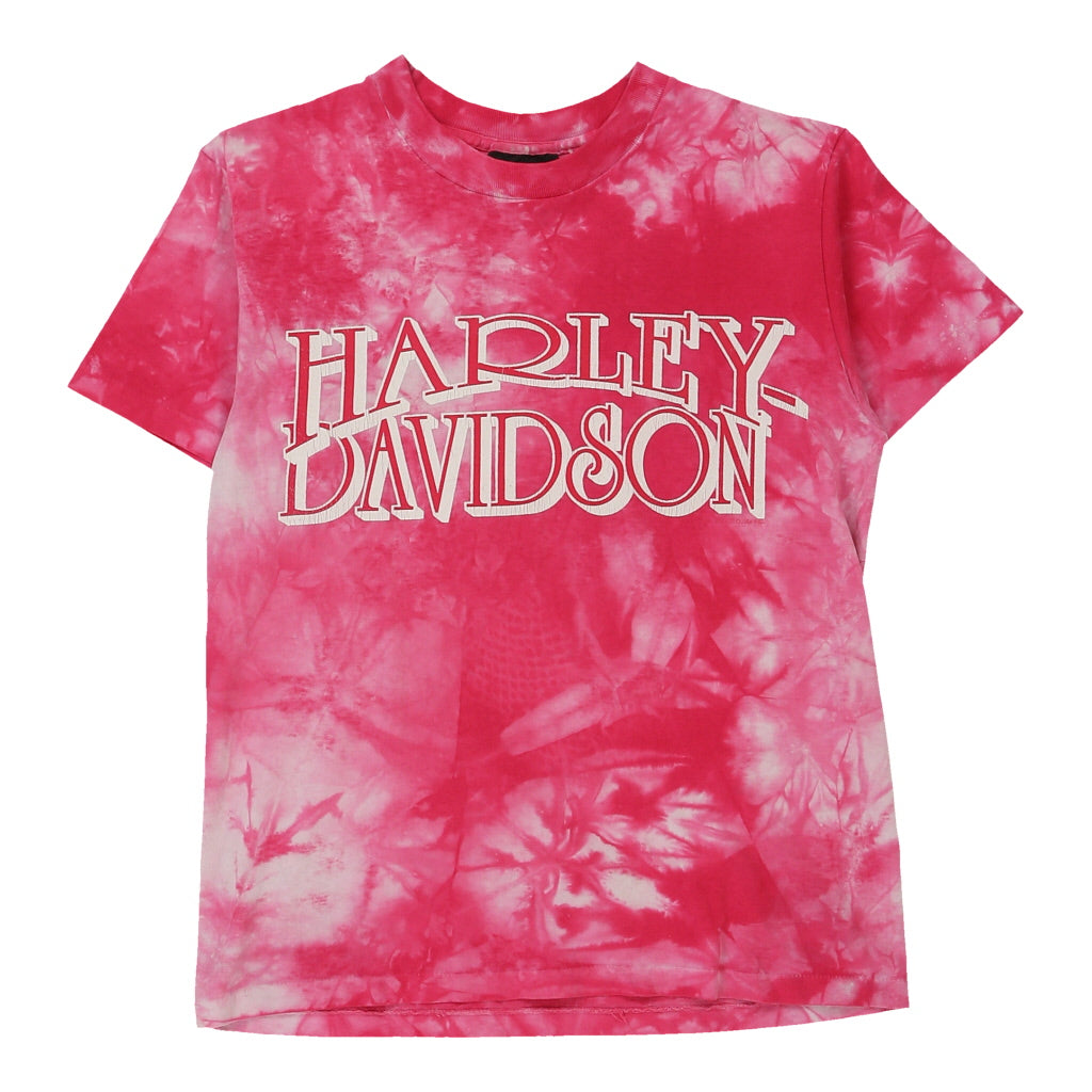 Honesdale, Pennsylvania Harley Davidson Tie-Dye T-Shirt - Small Pink Cotton Refurbished - Thrifted (note: this is a term often used to describe second- refurbished available on Cerqular