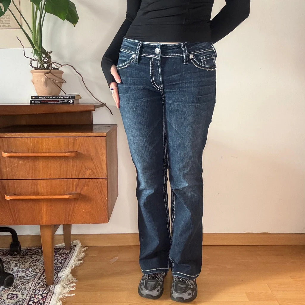 Embroidered Silver Boot Cut Jeans - 31W UK 10 Dark Wash Cotton Refurbished - Thrifted (note: this is a term often used to describe second- refurbished available on Cerqular