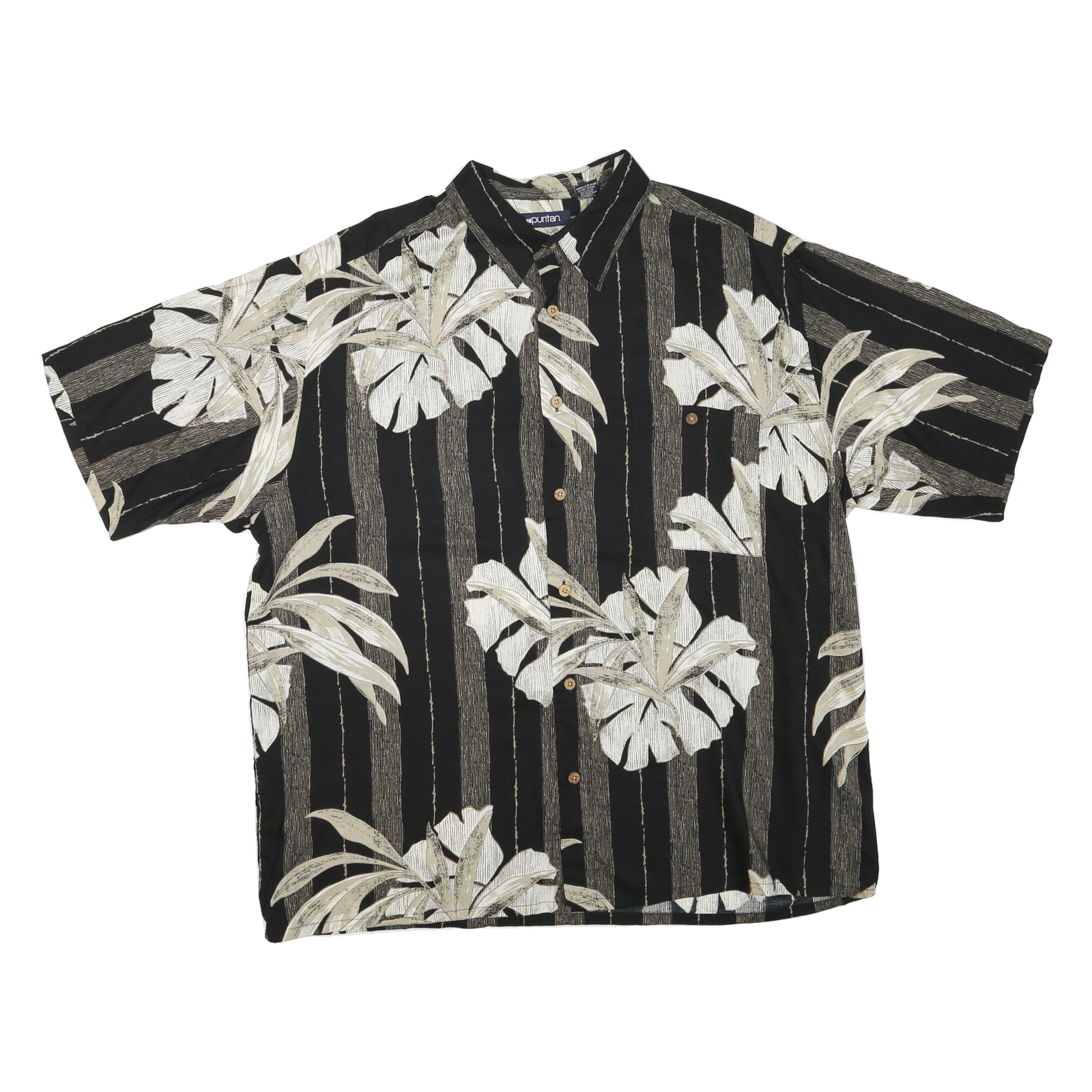 Buy PURITAN Mens Black Beige Tropical Print Cotton Blend Shirt XL Short Sleeve Refurbished - $16.89 PURITAN Mens Black Beige Tropical Print Cotton Blend Shirt XL Short Sleeve Refurbished - N/A refurbished available on Cerqular