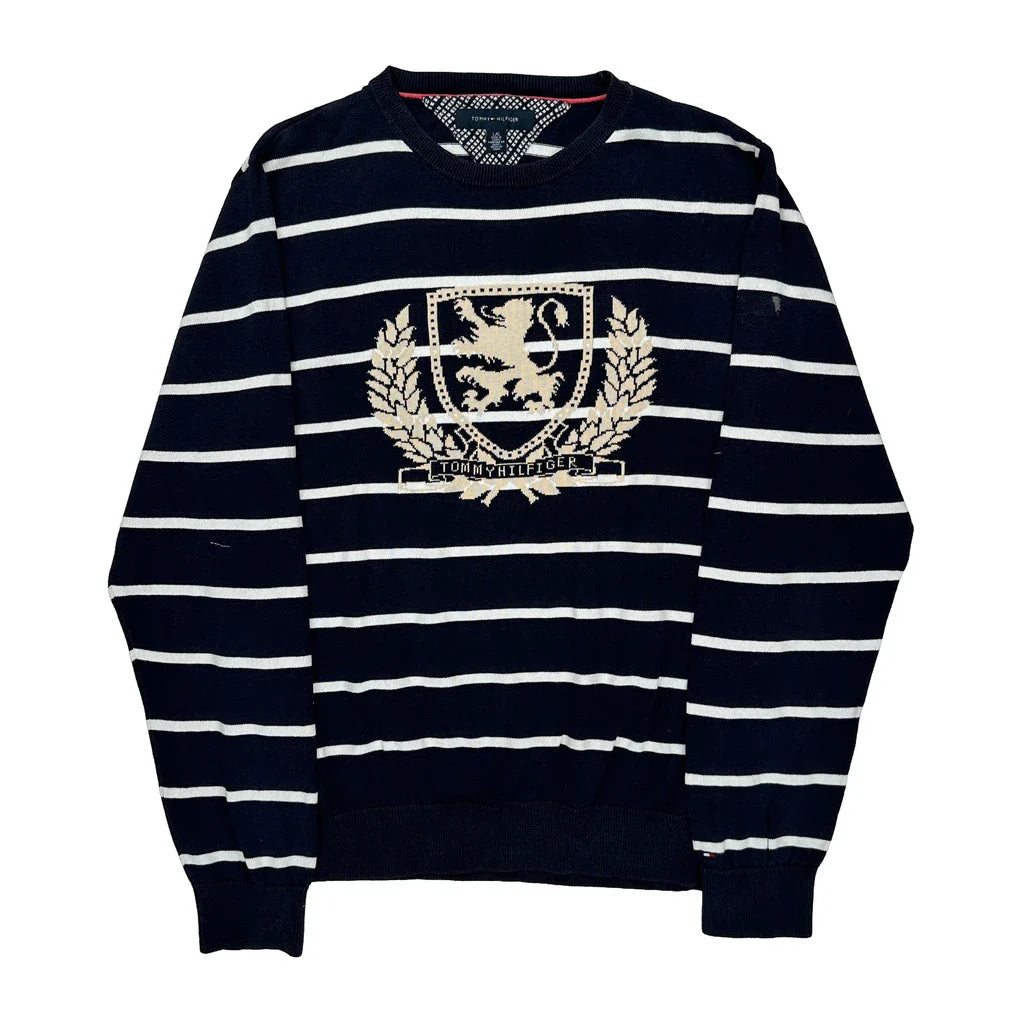 Crest Logo Tommy Hilfiger Striped Jumper - Large Navy Cotton Refurbished - Thrifted (note: this is a term often used to describe second- refurbished available on Cerqular