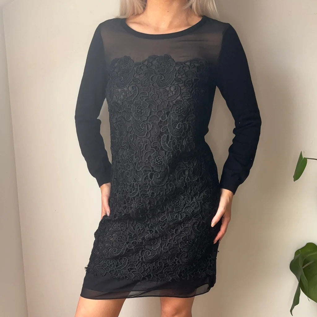 Intimissimi Lace Midi Dress - Small Black Cotton Blend Refurbished - Thrifted (note: this is a term often used to describe second- refurbished available on Cerqular