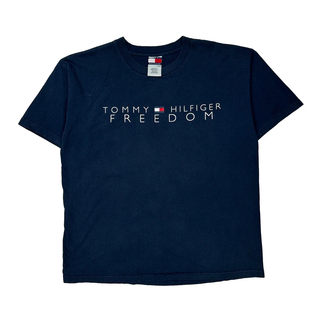 Buy Made In USA Tommy Hilfiger Spellout T-Shirt - XL Navy Cotton Refurbished - $29.47 Made In USA Tommy Hilfiger Spellout T-Shirt - XL Navy Cotton Refurbished - Thrifted (note: this is a term often used to describe second- refurbished available on Cerqular