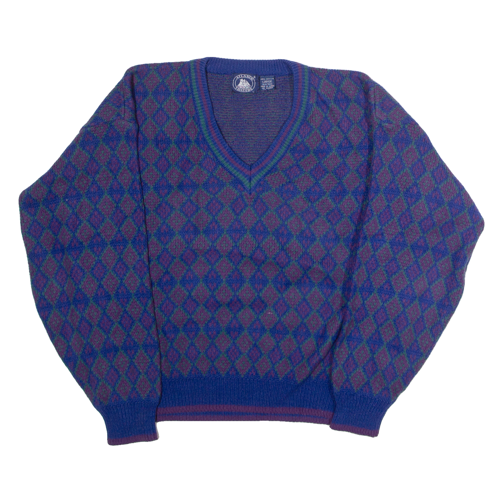 ATLANTIC TRADERS Mens Patterned Jumper Blue Diamond V-Neck 90s L Refurbished - N/A refurbished available on Cerqular
