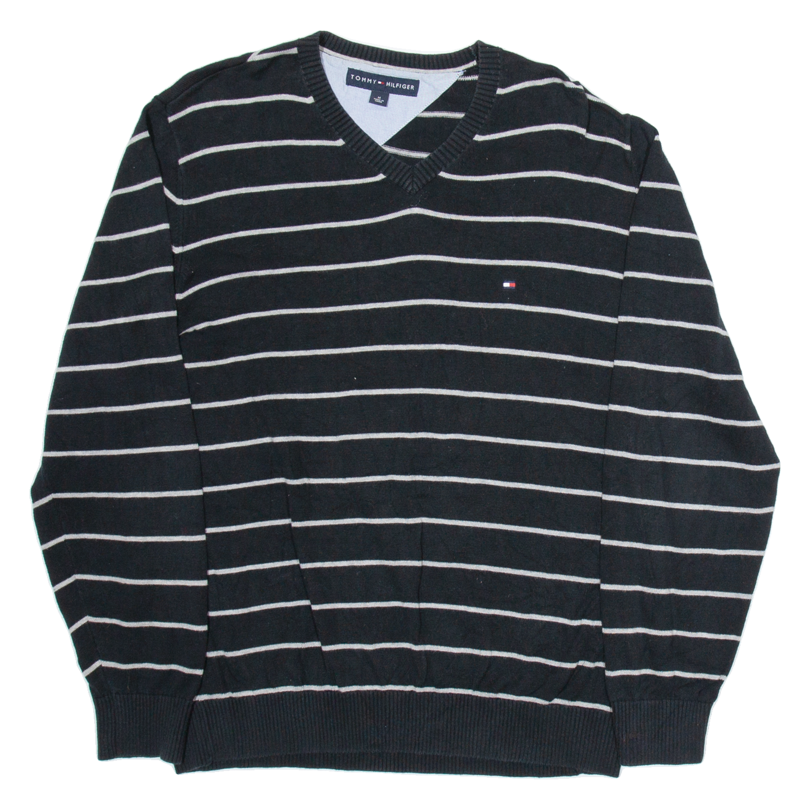 TOMMY HILFIGER Mens Patterned Jumper Black Striped V-Neck Tight Knit M Refurbished - N/A refurbished available on Cerqular