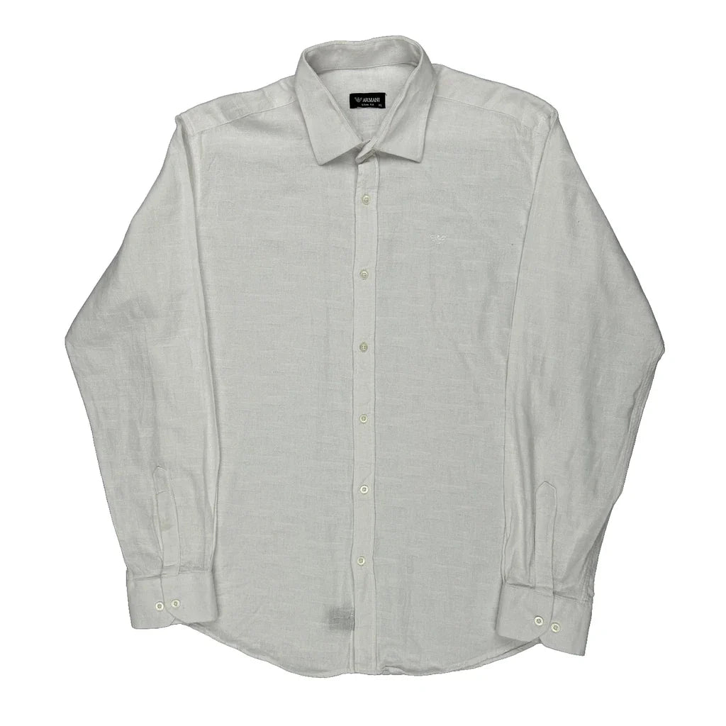 Armani Slim Fit Shirt - XL White Linen Refurbished - Thrifted (note: this is a term often used to describe second- refurbished available on Cerqular