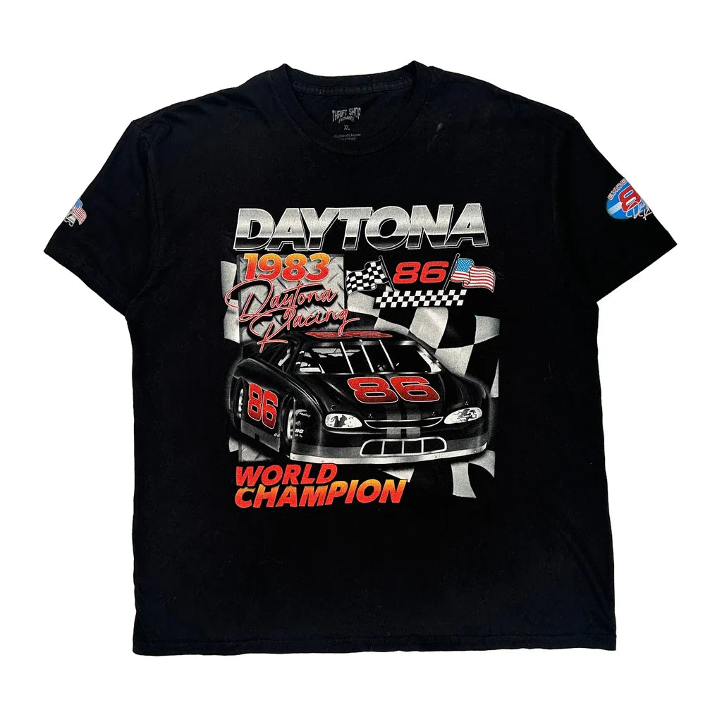 Daytona Racing Thrift Shop Graphic T-Shirt - XL Black Cotton Blend Refurbished - Thrifted (note: this is a term often used to describe second- refurbished available on Cerqular