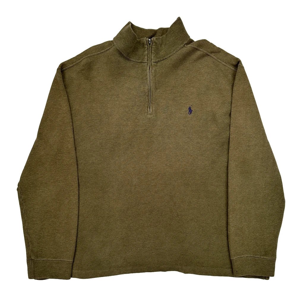 Polo By Ralph Lauren 1/4 Zip - 2XL Green Cotton Refurbished - Thrifted (note: this is a term often used to describe second- refurbished available on Cerqular