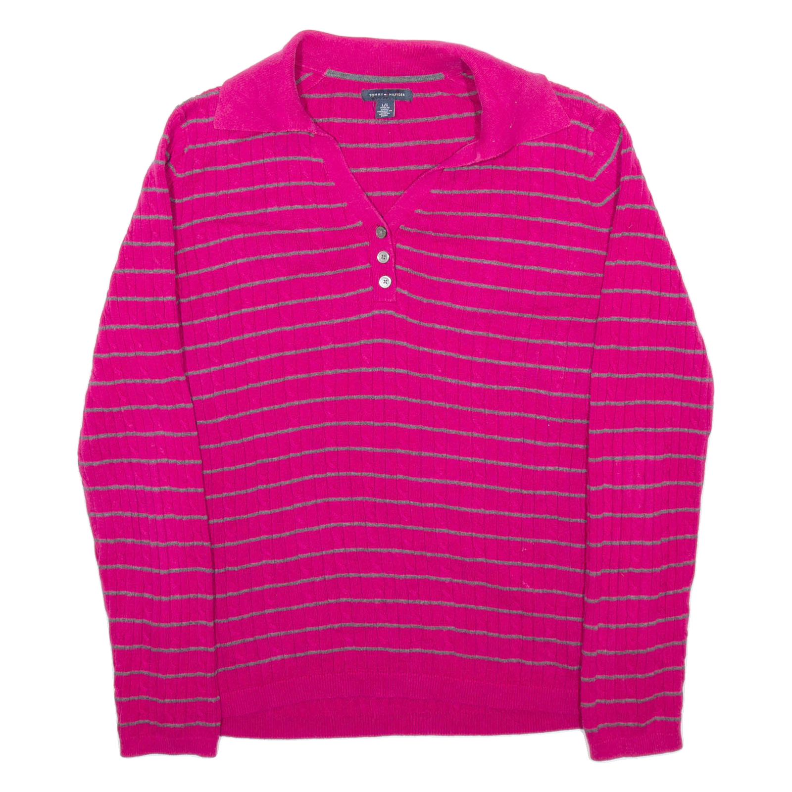 TOMMY HILFIGER Womens Patterned Jumper Pink Striped V-Neck Cable Knit L Refurbished - N/A refurbished available on Cerqular
