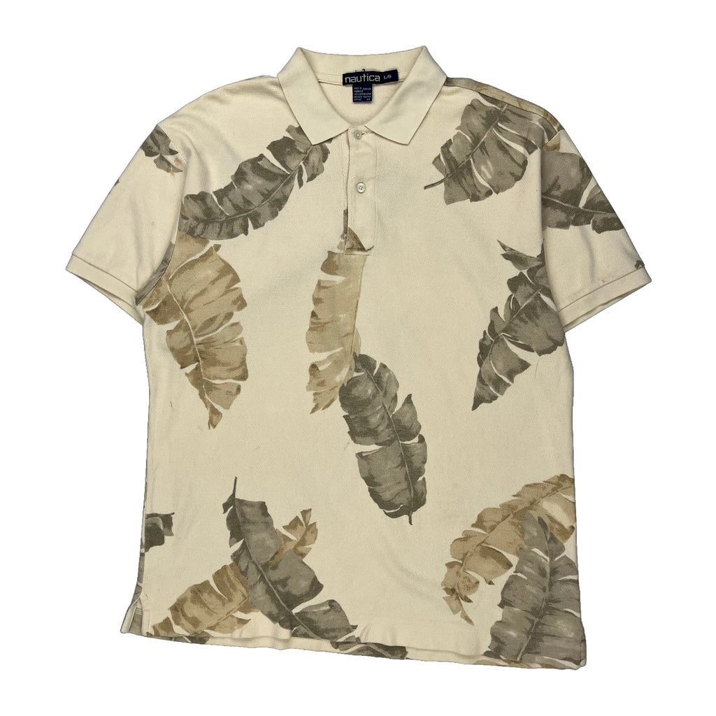 Nautica Polo Shirt - Large Beige Cotton Refurbished - Thrifted (note: this is a term often used to describe second- refurbished available on Cerqular