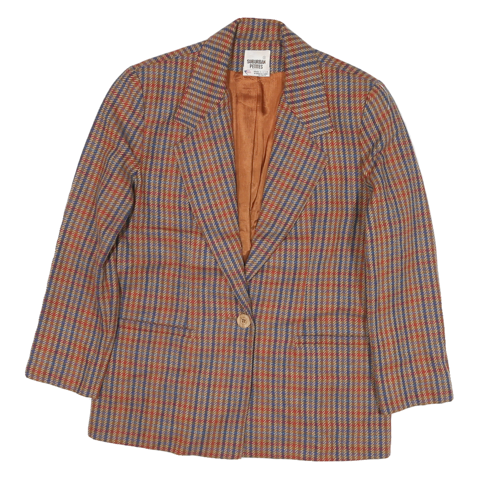 SUBURBAN PETITES Womens Brown & Blue Checked Tailored Jacket M Polyester Blend Refurbished - N/A refurbished available on Cerqular