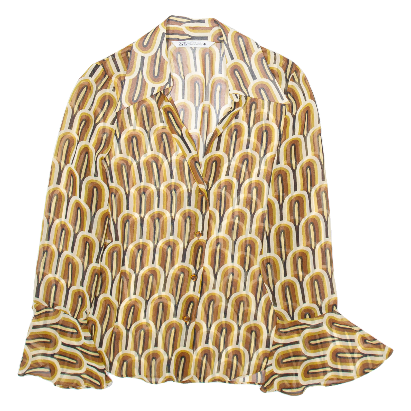 ZARA Womens Printed Blouse Brown Collared Long Sleeve Viscose Crazy Pattern S Refurbished - N/A refurbished available on Cerqular