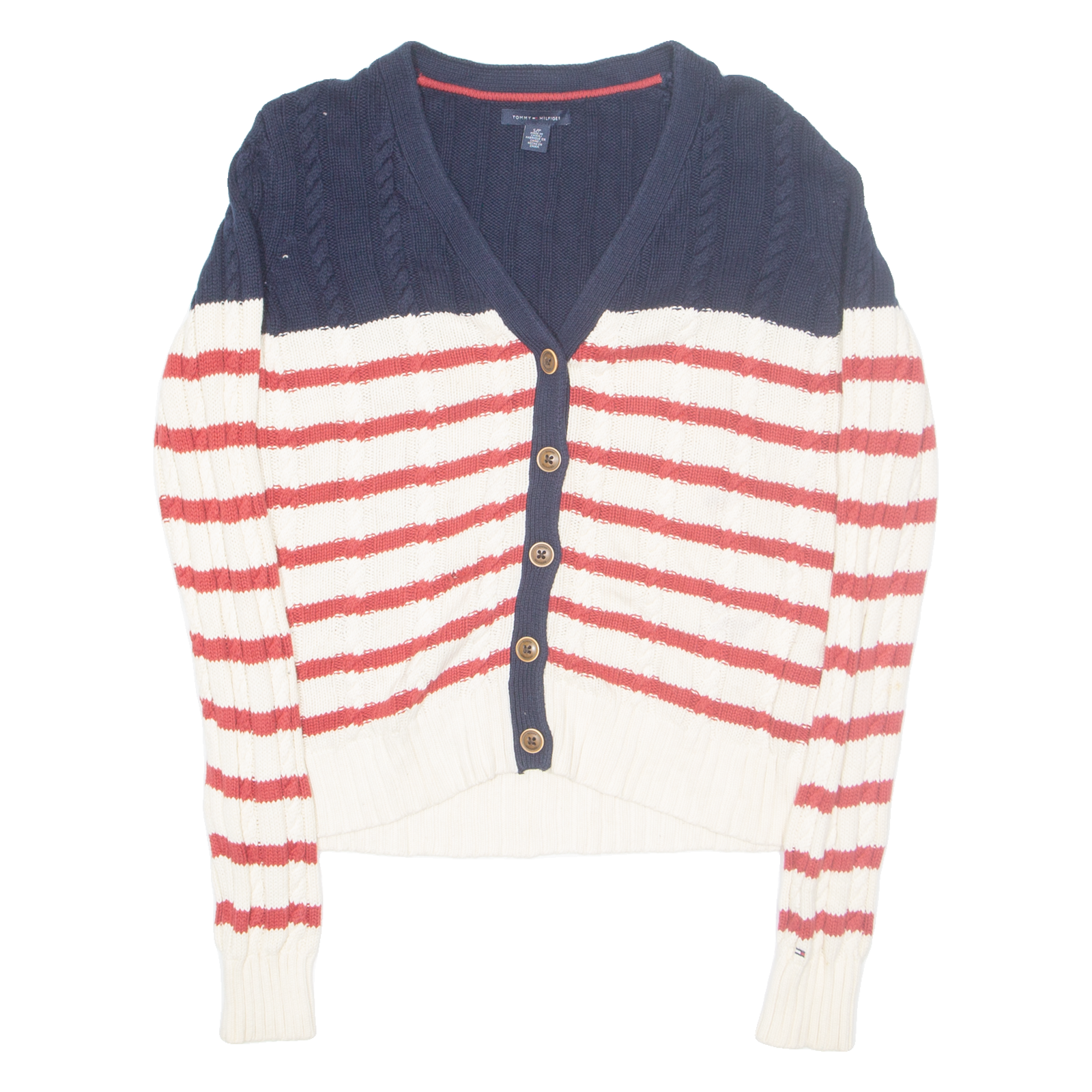 TOMMY HILFIGER Womens Patterned Cardigan White Striped Button Neck Cable Knit S Refurbished - N/A refurbished available on Cerqular