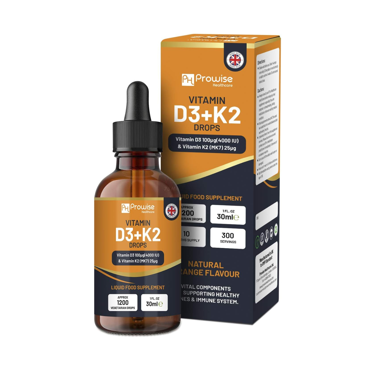 Vitamin D3 4000iu + K2 MK7 25µg I Orange Liquid Drops I High Strength 4000iu D3 + 25µg K2- 30ml Bottle I Fast Absorption I Made in UK Refurbished - Prowise Healthcare refurbished available on Cerqular