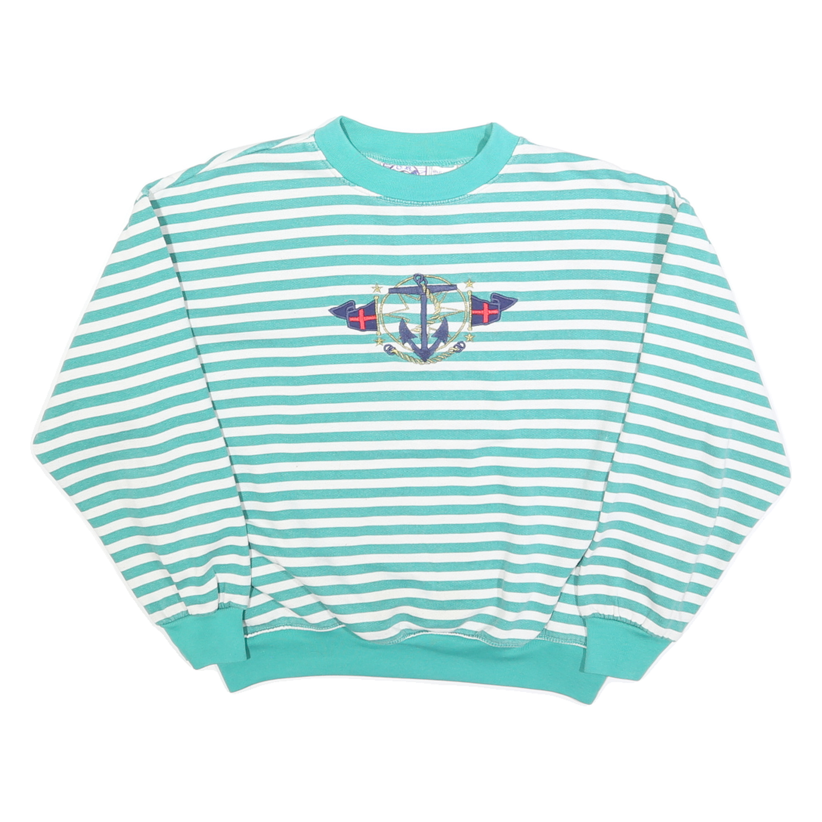 SPORTS ACCENT Womens Blue & White Striped Crew Neck M Nautical Anchor Sweatshirt Refurbished - N/A refurbished available on Cerqular