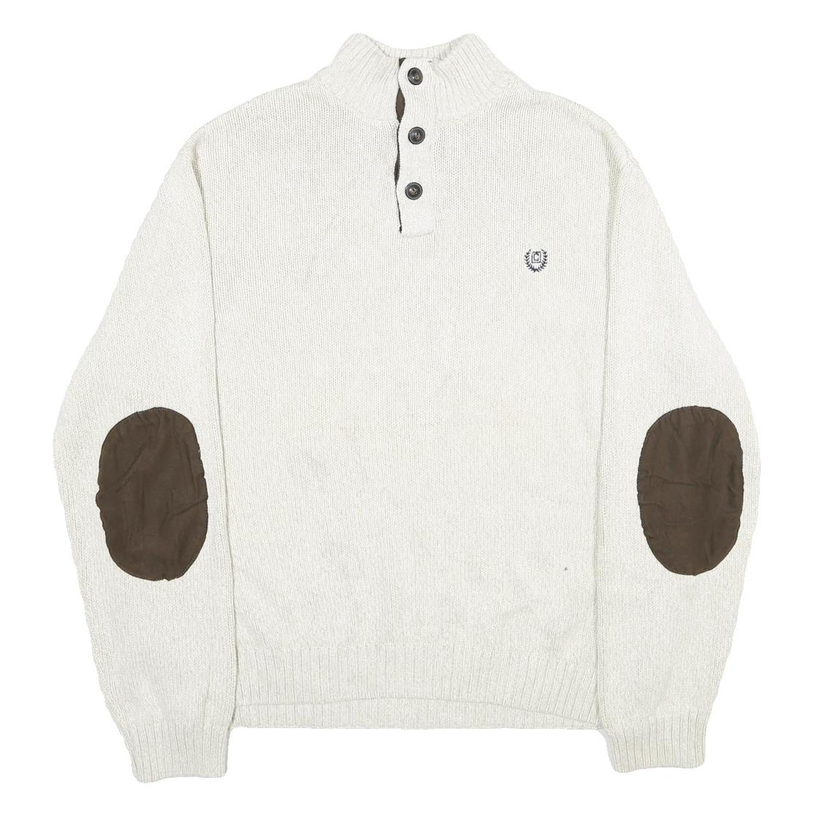 CHAPS Mens Cream Button Up Plain Crew Neck Basic Knit XL Cotton Jumper Elbow Refurbished - N/A refurbished available on Cerqular