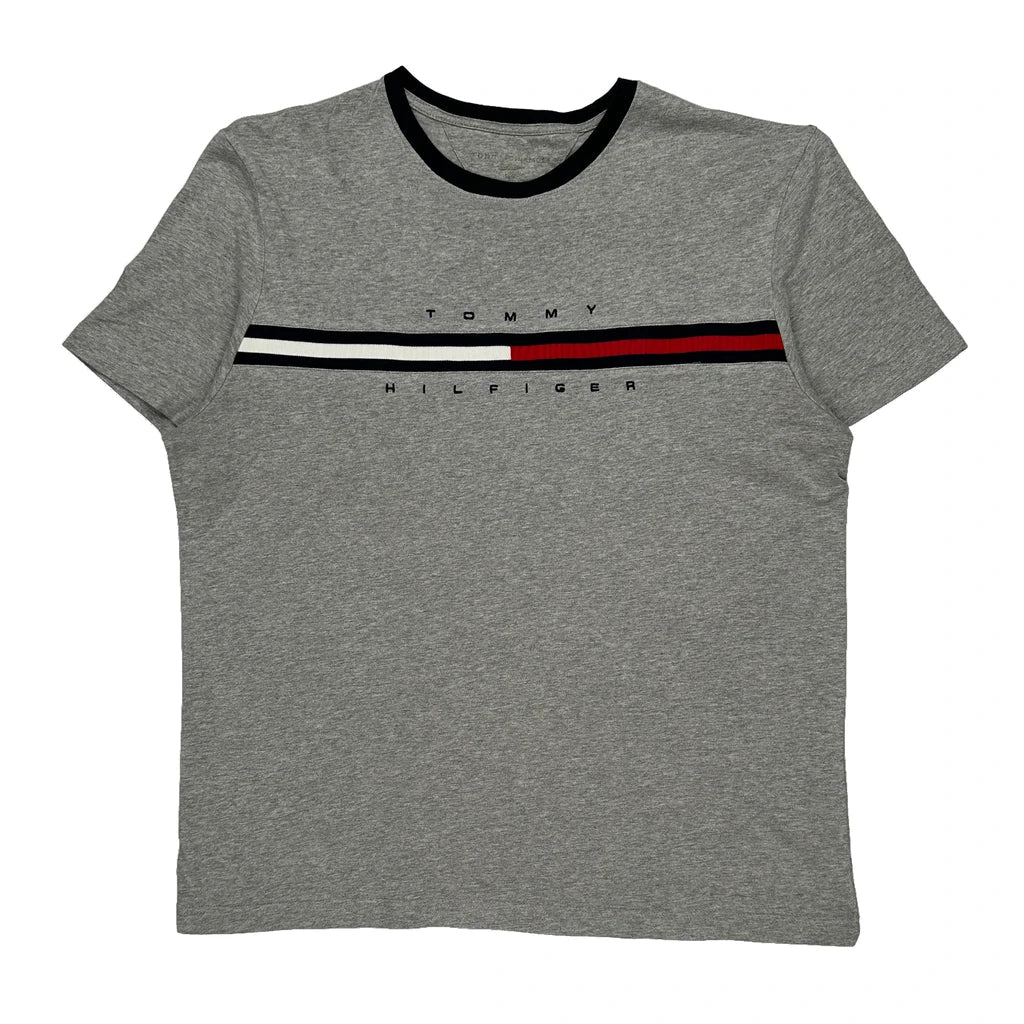 Tommy Hilfiger Striped T-Shirt - Medium Grey Cotton Refurbished - Thrifted (note: this is a term often used to describe second- refurbished available on Cerqular
