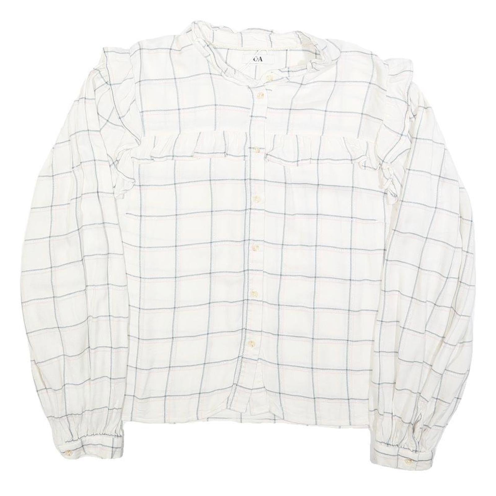 Buy C&A Womens White Checked Blouse Long Sleeve Button Neck L Ruffle Detail Refurbished - $18.19 C&A Womens White Checked Blouse Long Sleeve Button Neck L Ruffle Detail Refurbished - N/A refurbished available on Cerqular