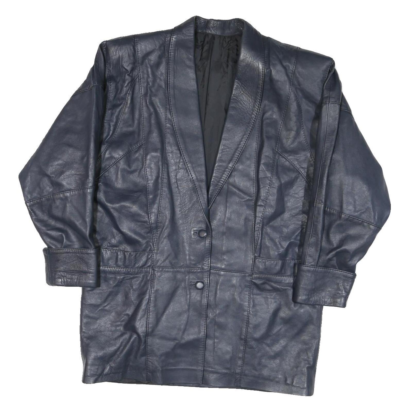 Womens Navy Leather Button Jacket L Smooth Classic Soft Stylish Outerwear Refurbished - N/A refurbished available on Cerqular