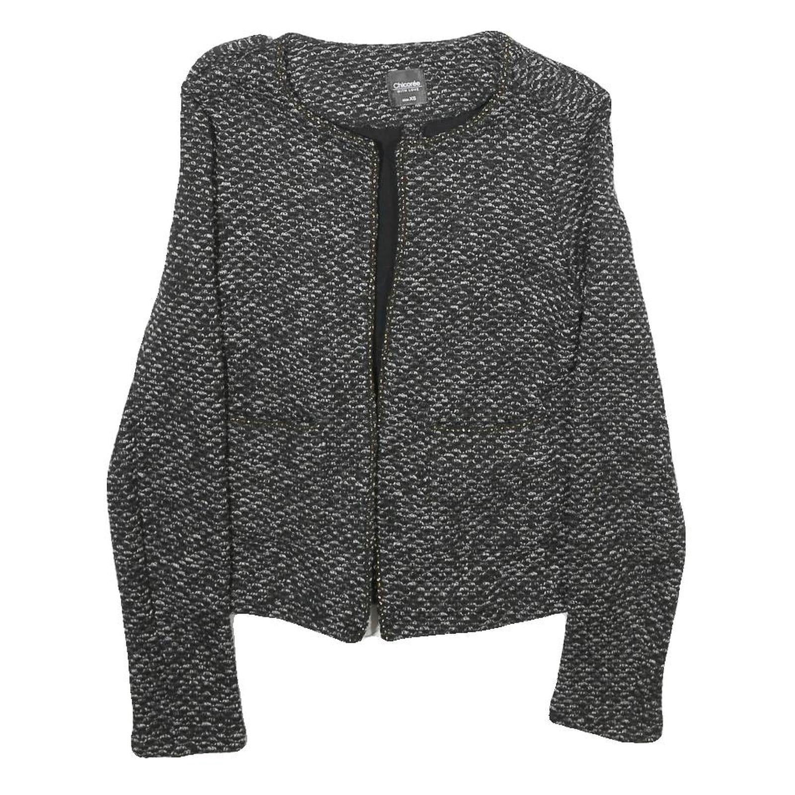 CHICOREE Womens Black and White Textured Classic Jacket XS Polyester Tweed Refurbished - N/A refurbished available on Cerqular