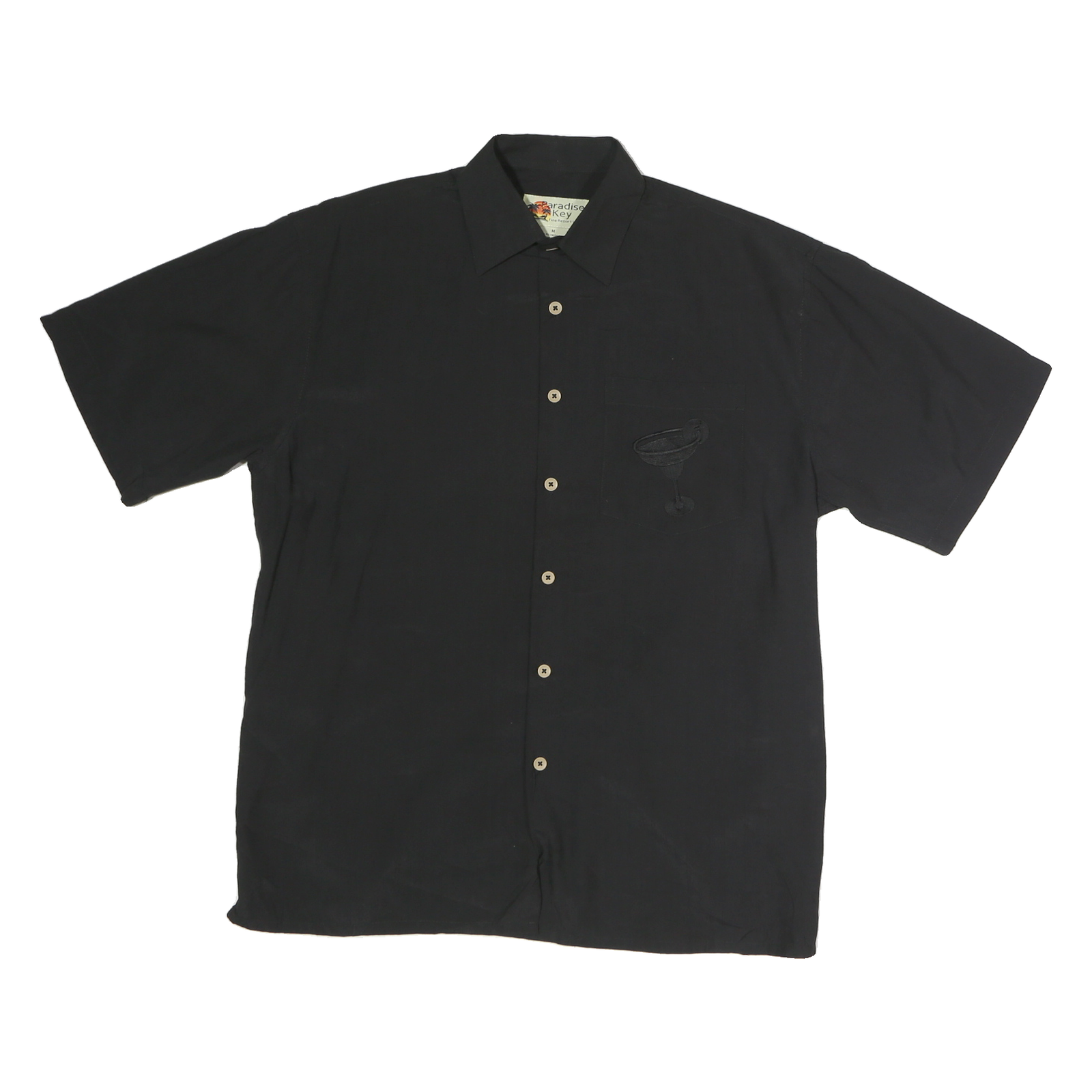 PARADISE KEY Mens Black Cotton Shirt M Margarita Lounge Embroidered Refurbished - N/A refurbished available on Cerqular