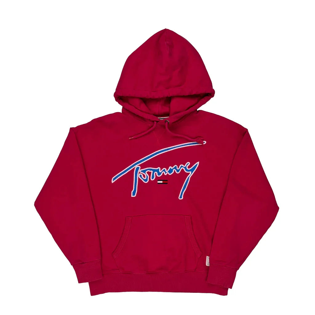 Tommy Jeans Spellout Hoodie - Small Red Cotton Refurbished - Thrifted (note: this is a term often used to describe second- refurbished available on Cerqular
