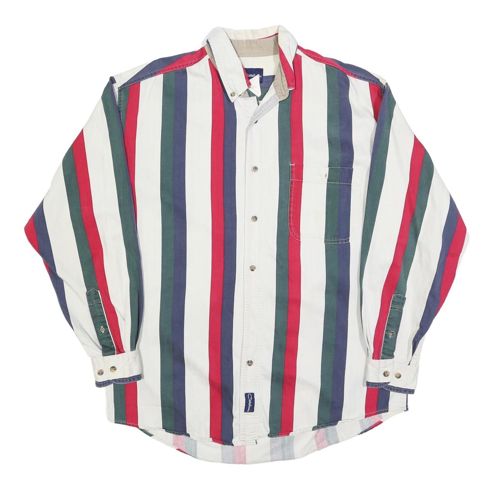 CATALINA Mens White Green & Red Striped Button Shirt L Classic Cotton Blend Refurbished - N/A refurbished available on Cerqular