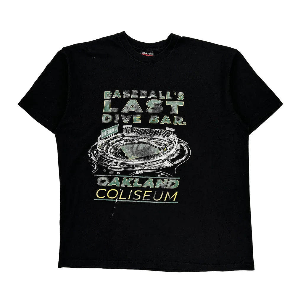 Oakland Coliseum Griffin Graphic T-Shirt - XL Black Cotton Refurbished - Thrifted (note: this is a term often used to describe second- refurbished available on Cerqular