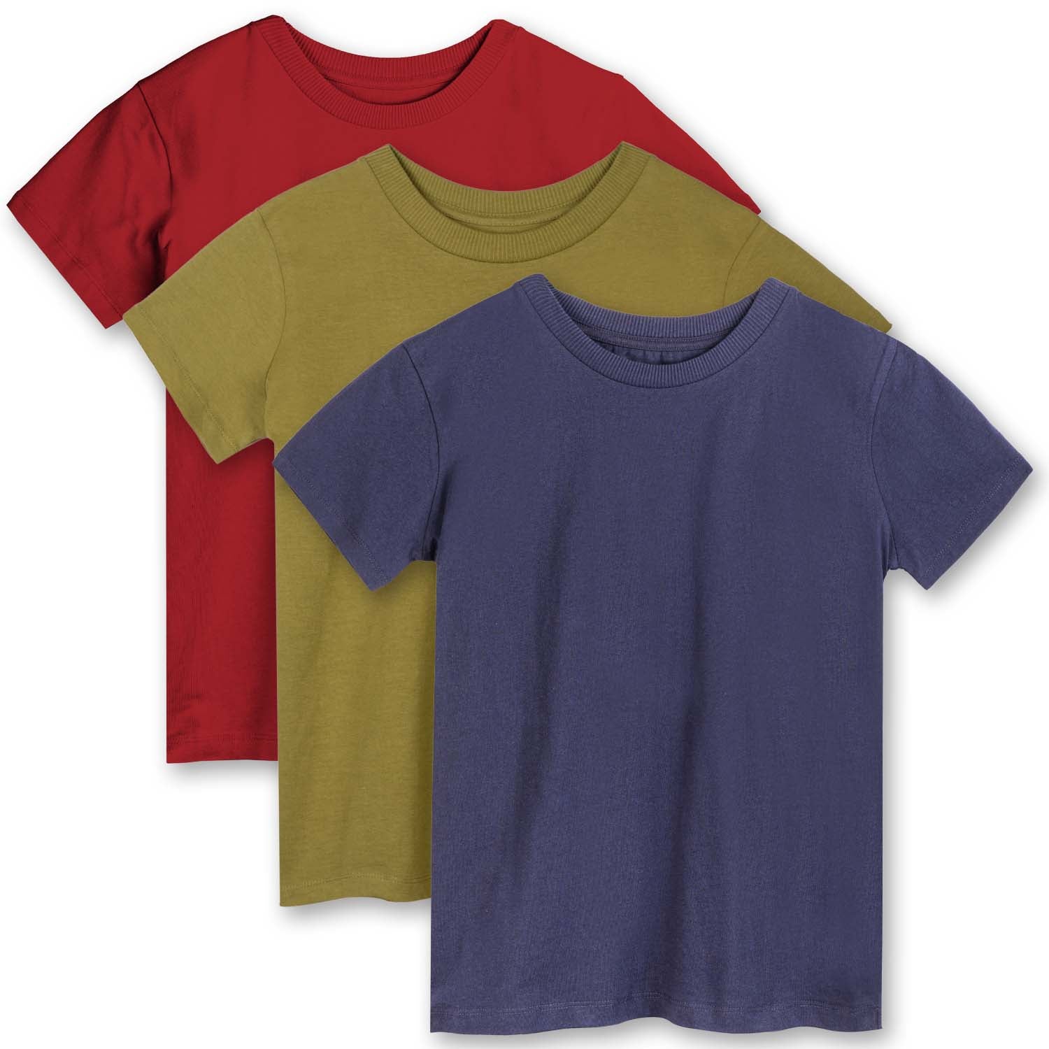 Organic Cotton Kids Shirts - Relaxed Fit Tee 3 Pack | Color: Olive, Navy and Rust | Size: 2T/3T Refurbished - N/A (Note: There is no well-known brand named "M refurbished available on Cerqular