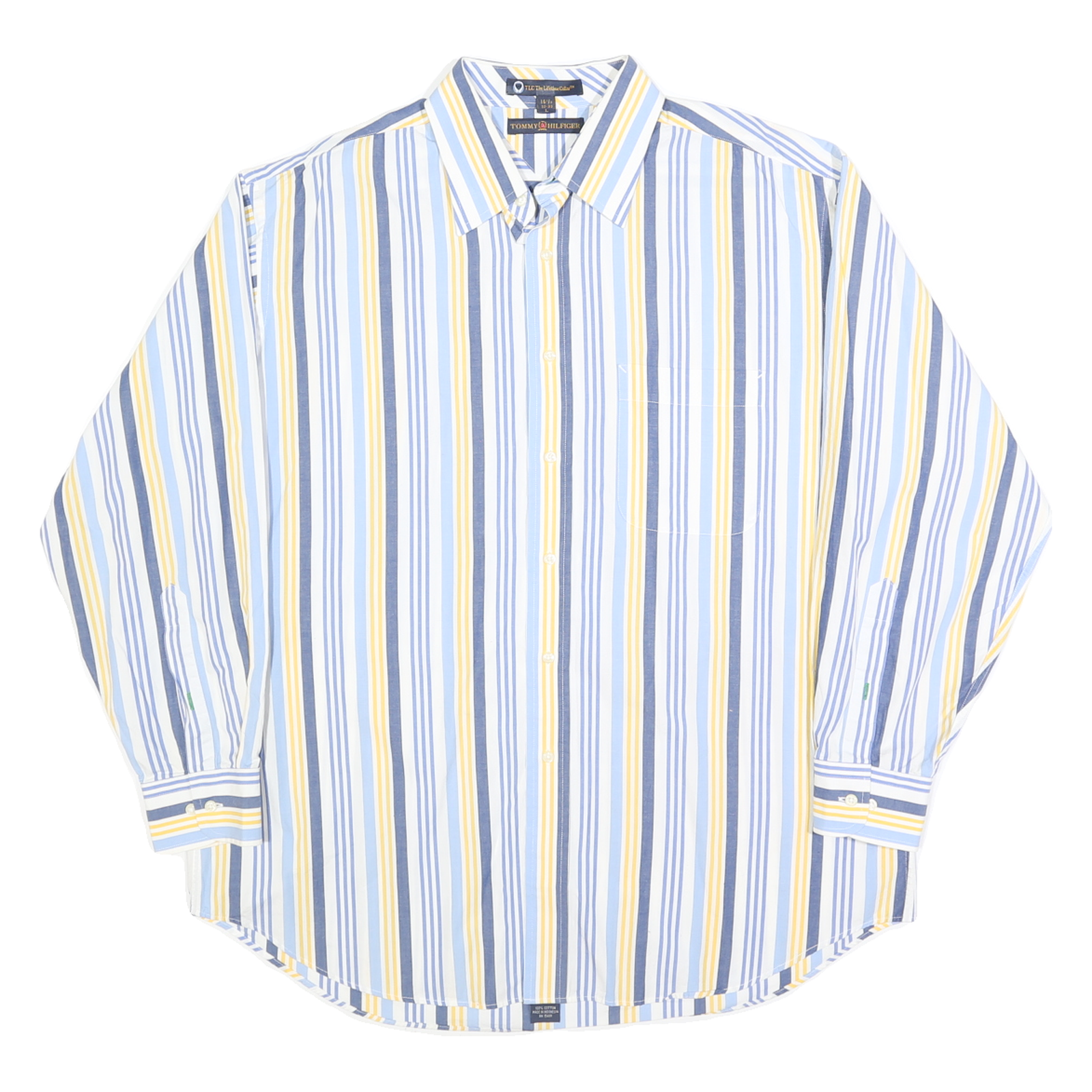 TOMMY HILFIGER Mens Blue & Yellow Striped Shirt L Casual Cotton Long Sleeve Refurbished - N/A refurbished available on Cerqular