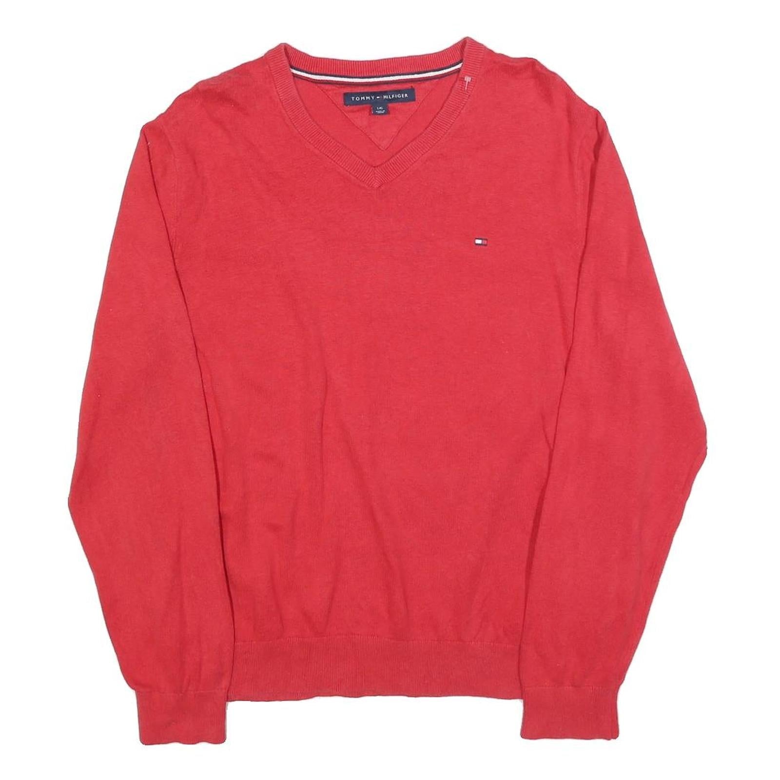 TOMMY HILFIGER Mens Red Plain Pullover V-Neck Basic Knit L Cotton Jumper Refurbished - N/A refurbished available on Cerqular