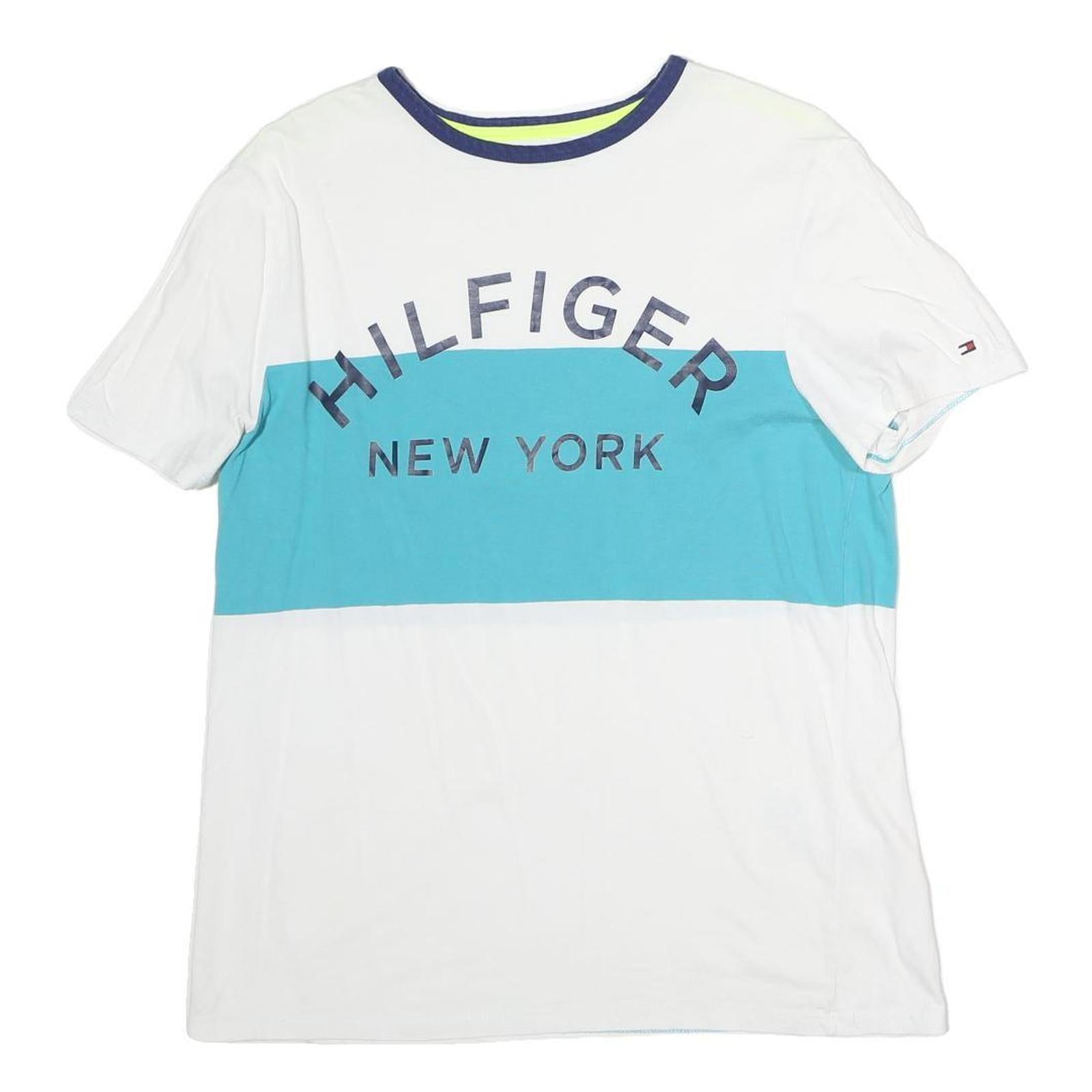 TOMMY HILFIGER Mens White & Blue Graphic T-Shirt M Short Sleeve Crew Neck Logo Refurbished - N/A refurbished available on Cerqular