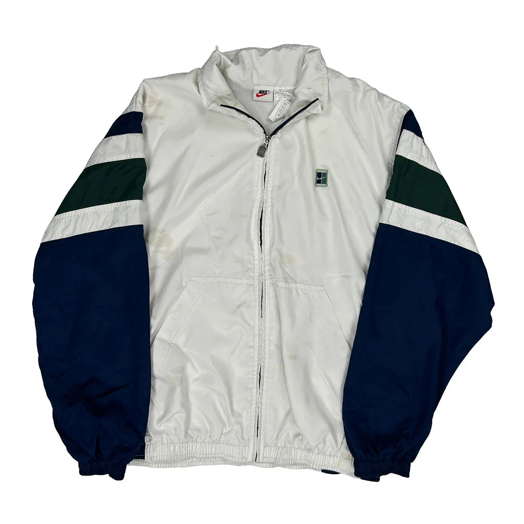 Nike Striped Windbreaker - Large Green Polyester Refurbished - Thrifted (note: this is a term often used to describe second- refurbished available on Cerqular